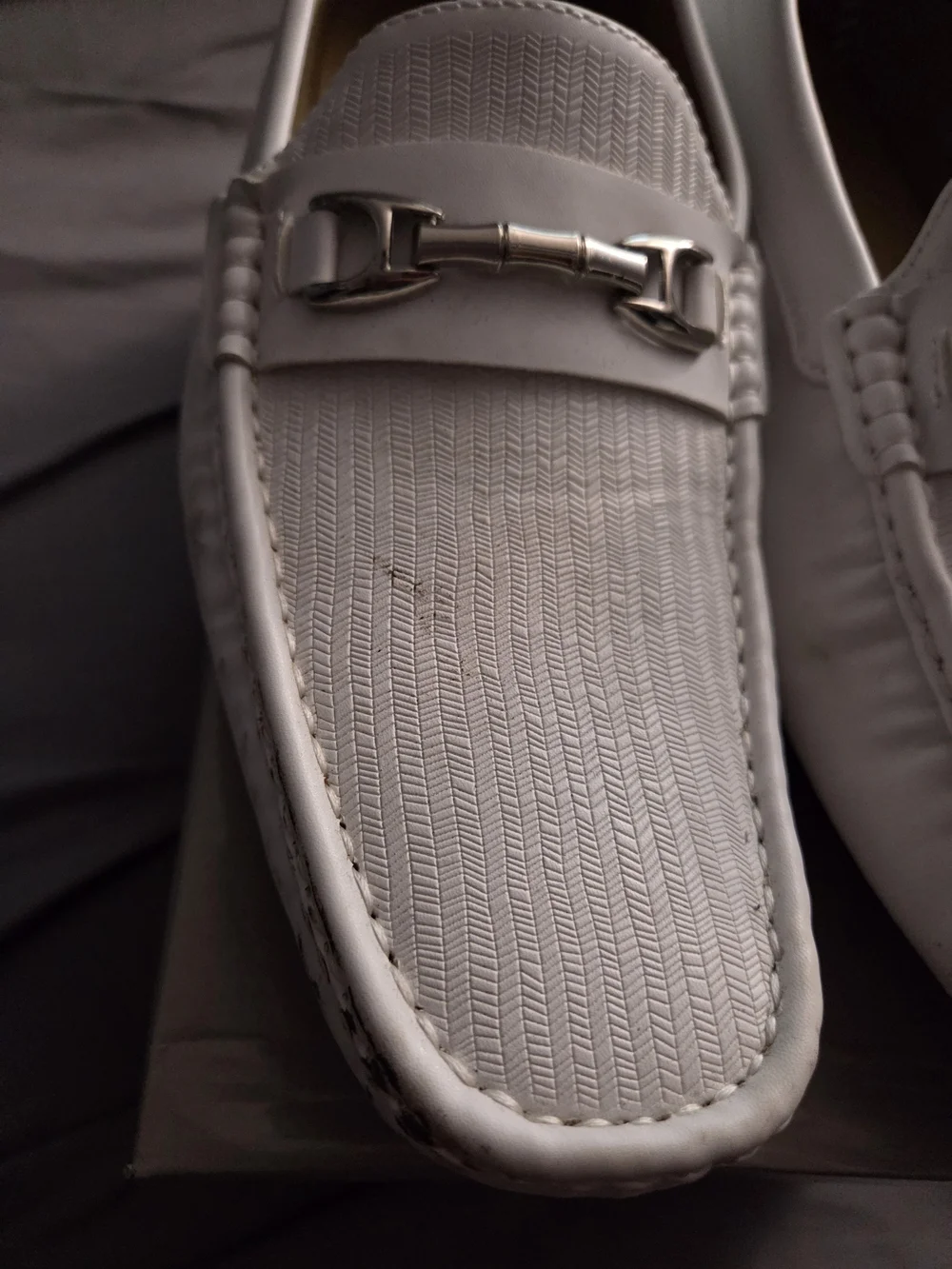 Men's White Slip-On Driving Loafers with Metal Bit